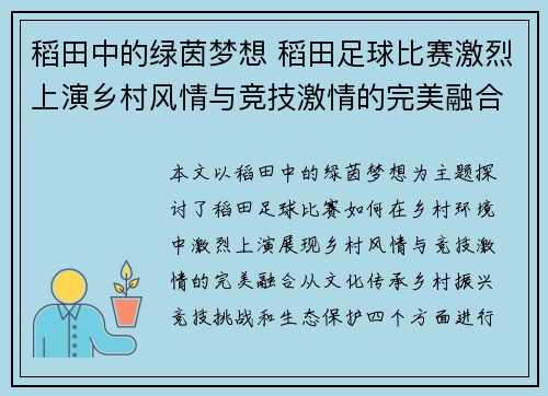 稻田中的绿茵梦想 稻田足球比赛激烈上演乡村风情与竞技激情的完美融合