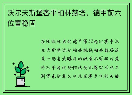沃尔夫斯堡客平柏林赫塔，德甲前六位置稳固