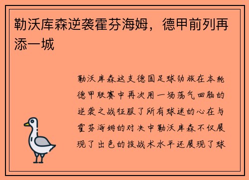 勒沃库森逆袭霍芬海姆，德甲前列再添一城