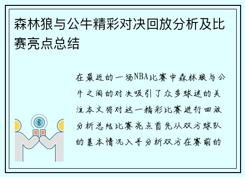 森林狼与公牛精彩对决回放分析及比赛亮点总结