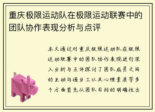 重庆极限运动队在极限运动联赛中的团队协作表现分析与点评
